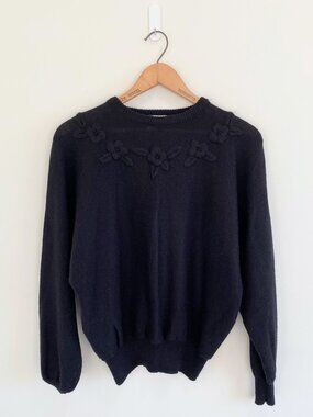 Vintage Black Cropped Sweater with Floral Embroidery / 80s